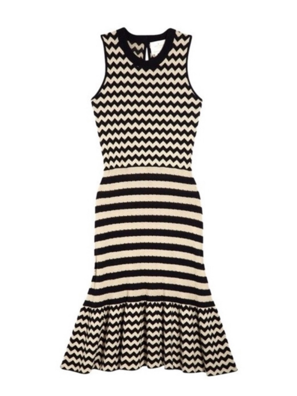 Kate Spade -Sleeveless Black and Cream Chevron & Stripe Knit Dress